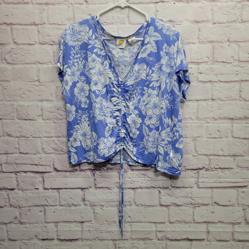 C&C California Blue Floral 100% Linen Crop Top L Ruched Drawstring Boho Y2K‎